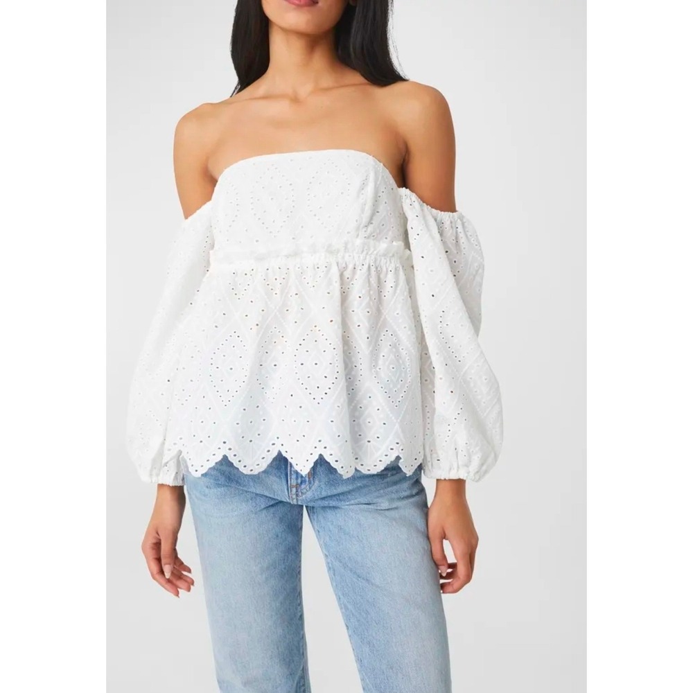 MISA Los Angeles White Eyelet Off Shoulder Smocked Top‎ Balloon Sleeve M